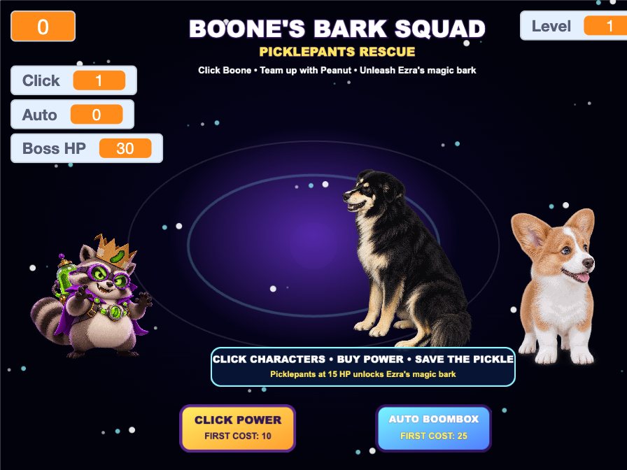 Boone's Bark Squad start screen: Professor Picklepants, Boone and Peanut in space